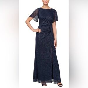 SLNY Glitter Mesh long night Dress gown stretch Navy blue size 18